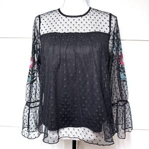Sweet Rain Blouse Womens sz S Black Sheer Mesh Long Sleeve Floral Embroidery EUC